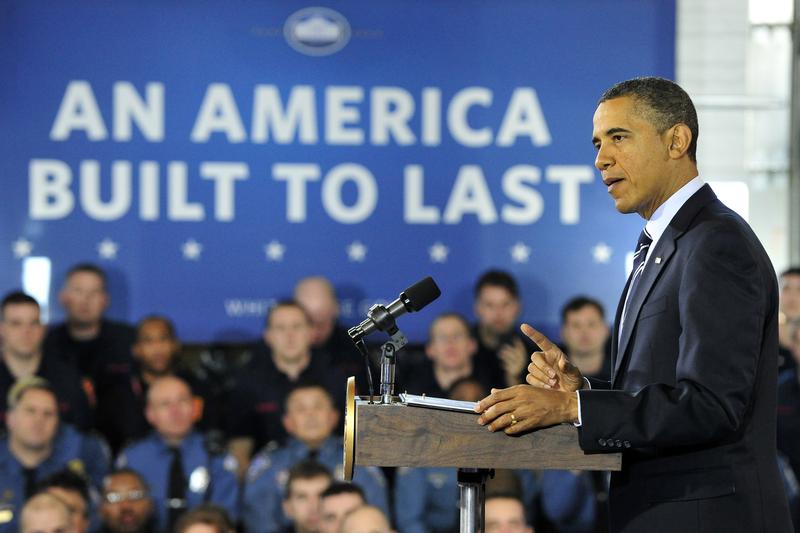 President Barack Obama makes remarks on the economy at a fire station in Arlington, Virginia.